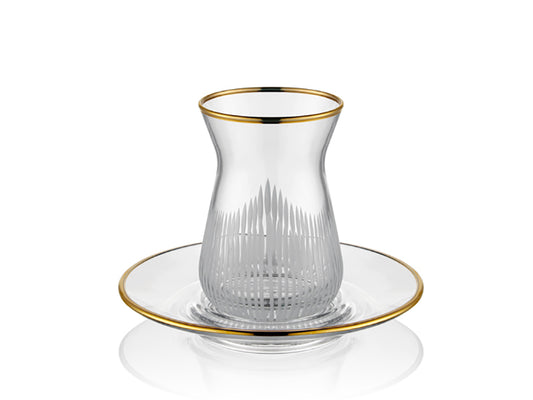 Line Altın Yaldızlı Kristal Desenli Çay Bardağı ve Tabak