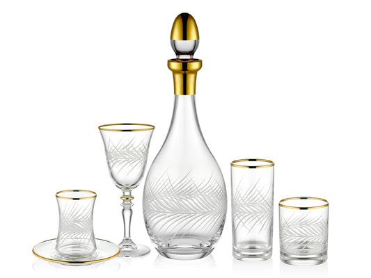 Sandy Yaprak Desenli Altın Yaldızlı 5 Parça Cam Seti