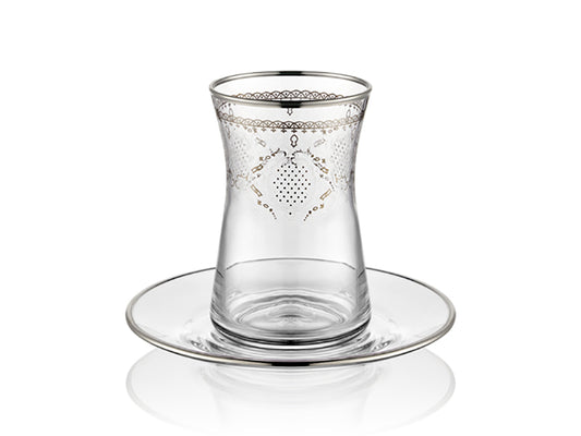 Minel Kristal Gümüş Yaldızlı Çay Bardağı ve Tabak Seti