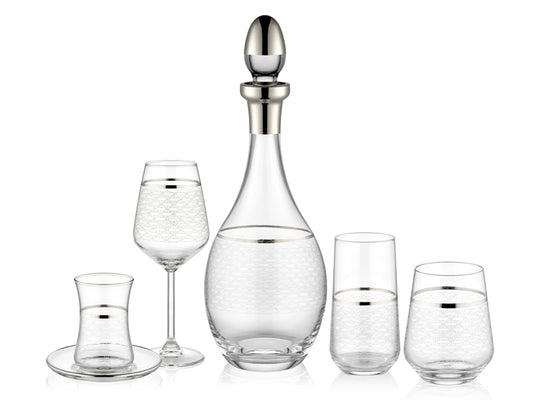 Smooth Geometrik Desenli Gümüş Yaldızlı 5 Parça Cam Seti