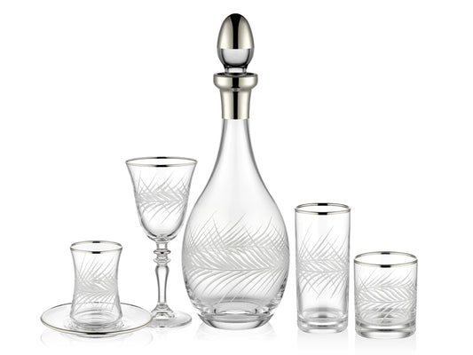 Sandy Yaprak Desenli Gümüş Yaldızlı 5 Parça Cam Seti