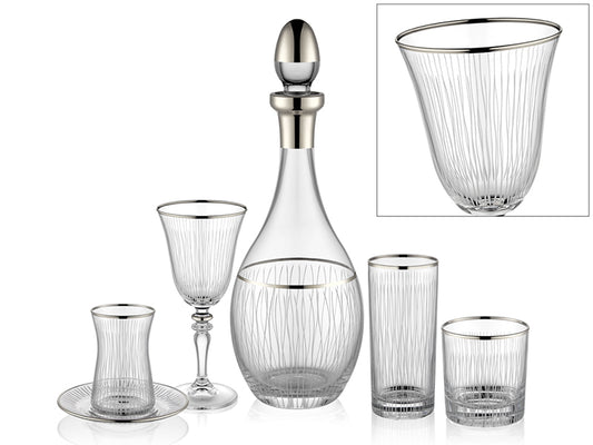 Venüs İnce Çizgi Desenli Gümüş Yaldızlı 5 Parça Cam Seti